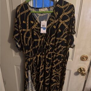 Michael Kors Black and Gold Chain Pattern Maxi Dress